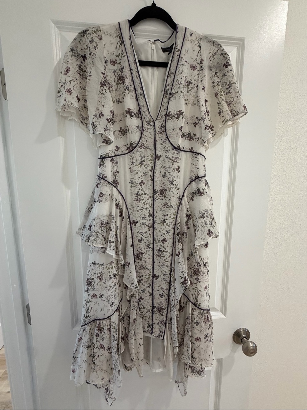 BCBG Floral Ruffle Midi Dress - White with Taupe Floral